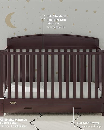 Graco Benton 5-in-1 Convertible Crib with Drawer (Espresso) - Converts from Baby Crib to Toddler Bed, Daybed and Full-Size Bed, Fits Standard Full-Size Crib Mattress, Adjustable Mattress Support Base - LeafyLoom