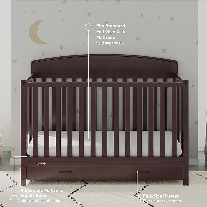 Graco Benton 5-in-1 Convertible Crib with Drawer (Espresso) - Converts from Baby Crib to Toddler Bed, Daybed and Full-Size Bed, Fits Standard Full-Size Crib Mattress, Adjustable Mattress Support Base - LeafyLoom