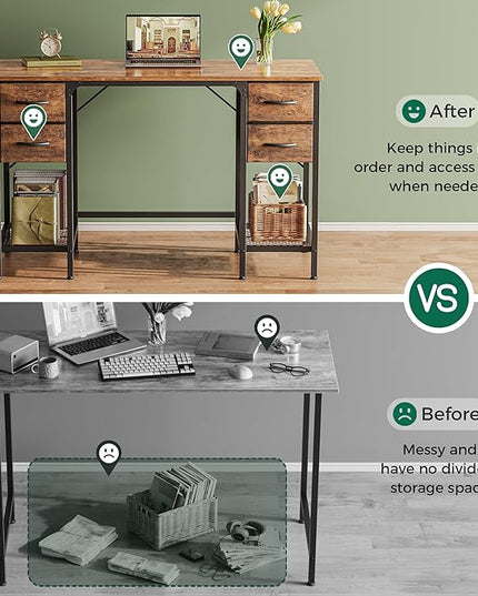 47 Inch Computer Desk with 4 Drawers, Office Desk with Mesh Shelf, Gaming Desk, Large Storage, Writing Desk Work Desk for Home Office, Study, Bedroom, Work from Home, Rustic Brown - LeafyLoom