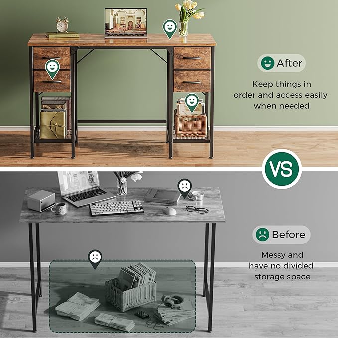 47 Inch Computer Desk with 4 Drawers, Office Desk with Mesh Shelf, Gaming Desk, Large Storage, Writing Desk Work Desk for Home Office, Study, Bedroom, Work from Home, Rustic Brown - LeafyLoom