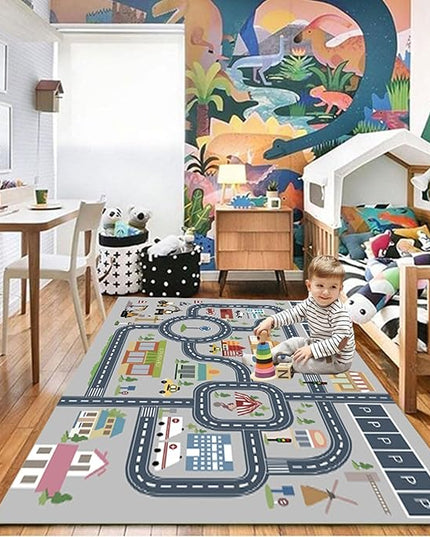 kid rug carpet playmat for toy cars and trains,road traffic kids play area rug,city Life town play Mat for Playroom Bedroom Boys,Children's Educational Fun Throw Rug with Rubber Backing 31X47IN - LeafyLoom