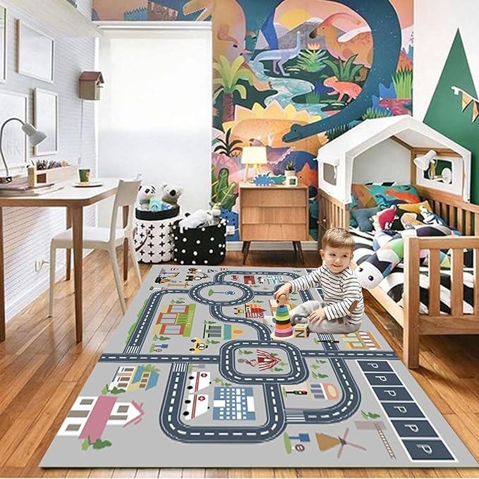 kid rug carpet playmat for toy cars and trains,road traffic kids play area rug,city Life town play Mat for Playroom Bedroom Boys,Children's Educational Fun Throw Rug with Rubber Backing 63X91IN - LeafyLoom