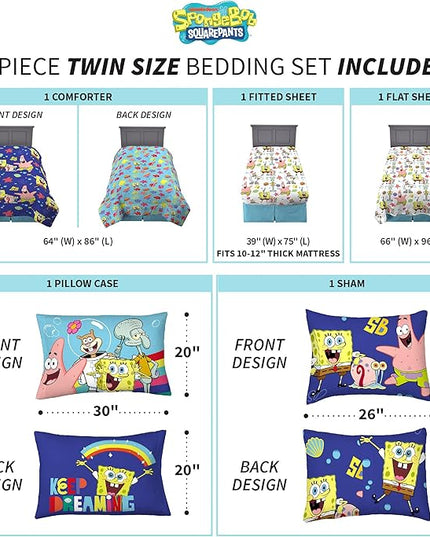 Franco Kids Bedding Super Soft Comforter and Sheet Set with Sham, 5 Piece Twin Size, Spongebob Squarepants - LeafyLoom