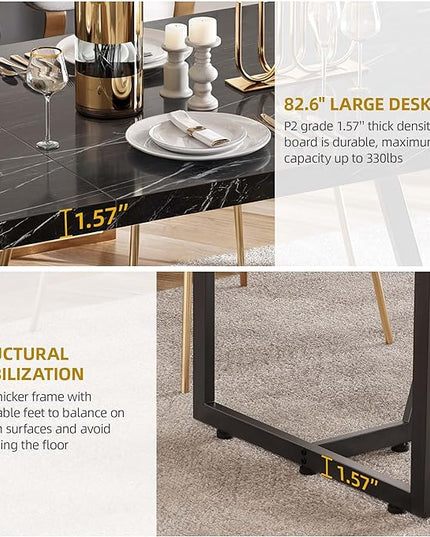 DWVO 82.6'' Large Modern Dining Table for 8-10 People, Rectangular Black Kitchen Dining Room Table with Faux Marble Tabletop and Geometric Metal Legs, Wood Dinner Tables for Family Gathering - LeafyLoom
