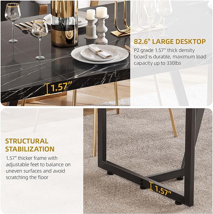 DWVO 82.6'' Large Modern Dining Table for 8-10 People, Rectangular Black Kitchen Dining Room Table with Faux Marble Tabletop and Geometric Metal Legs, Wood Dinner Tables for Family Gathering - LeafyLoom