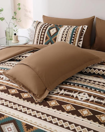 Dinjoy Brown Boho Comforter Set Queen Size,7 Pieces Bed in a Bag Queen Coffee Western Bedding Sets with Sheets Bohemian Geometric Striped Complete Set Aztec for All Seasons Summer 90"x90" - LeafyLoom