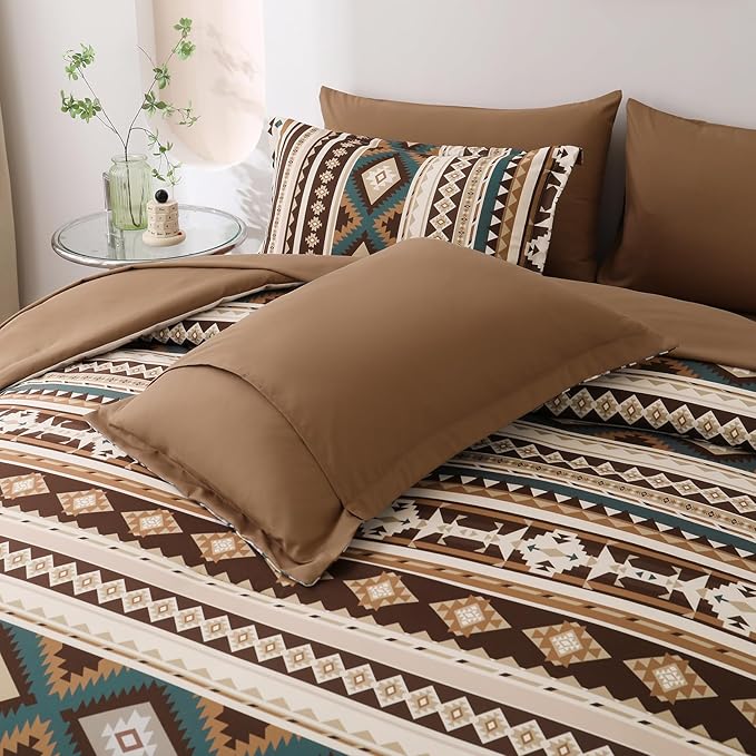 Dinjoy Brown Boho Comforter Set Queen Size,7 Pieces Bed in a Bag Queen Coffee Western Bedding Sets with Sheets Bohemian Geometric Striped Complete Set Aztec for All Seasons Summer 90"x90" - LeafyLoom