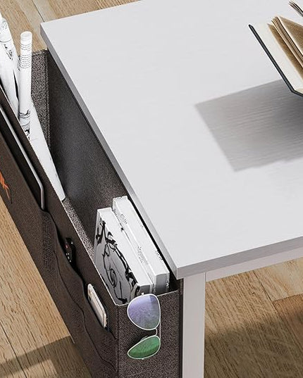 AODK 32 inch Small Computer Desk with Power Outlet for Small Spaces Home Office Student Laptop PC Writing Desks with Storage Bag Headphone Hook, White - LeafyLoom