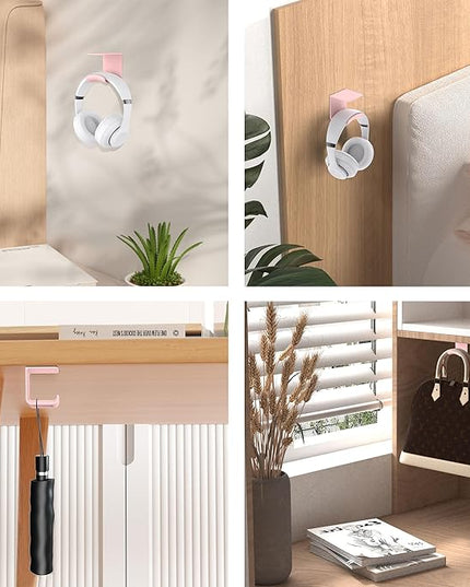 HomeMount Headphone Hook Under Desk - Headphone Holder Under Table, Adhesive Gaming Headphone Stand Hanger Desk Mount for Most Headphone (Pink) - LeafyLoom