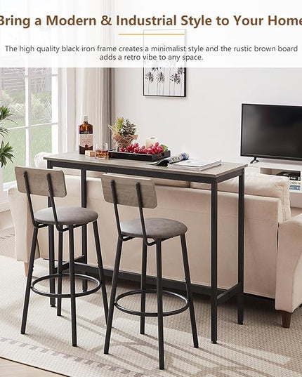Bar Table and 2 Chairs Set, Industrial Style Bar Stools PU Upholstery Seat with Backrest, 3 Pieces Pub Dining Table Set for Kitchen, Apartment, Small Space, Gray - LeafyLoom