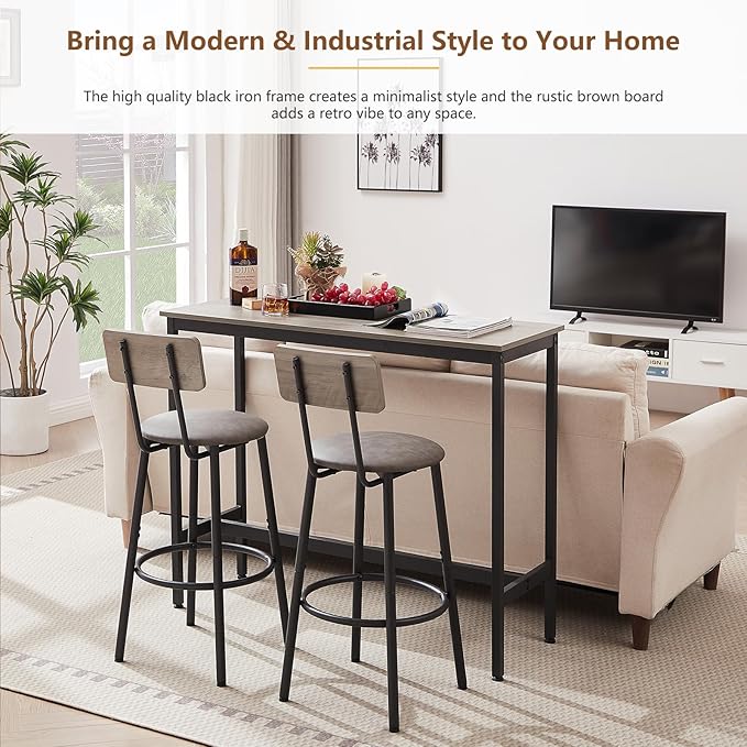 Bar Table and 2 Chairs Set, Industrial Style Bar Stools PU Upholstery Seat with Backrest, 3 Pieces Pub Dining Table Set for Kitchen, Apartment, Small Space, Gray - LeafyLoom