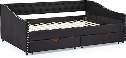 Full Size Daybed with 2 Drawers, Upholstered Tufted Day Bed, with Button Back and Waved Shape Arms, Wood Slat Support, No Spring Box Need, for Bedroom, Livingroom - LeafyLoom