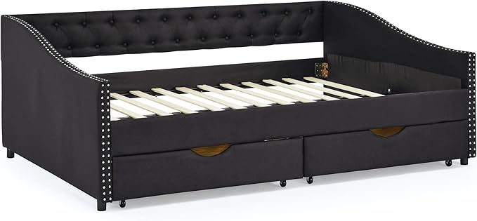 Full Size Daybed with 2 Drawers, Upholstered Tufted Day Bed, with Button Back and Waved Shape Arms, Wood Slat Support, No Spring Box Need, for Bedroom, Livingroom - LeafyLoom
