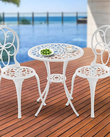 3 Piece Cast Aluminum White Bistro Set Outdoor Bistro Table and Chairs Set of 2,Metal Bistro Patio Table Set with Umbrella Hole,Patio furniture Set for Garden,Front Porch. - LeafyLoom