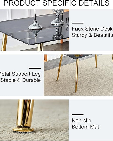 NicBex Modern Minimalist Rectangular Black Imitation Marble Dining Table 0.3 Inches Thick Gold Color Metal Legs Suitable for Kitchen, Dining Room, and Living Room, Black - LeafyLoom