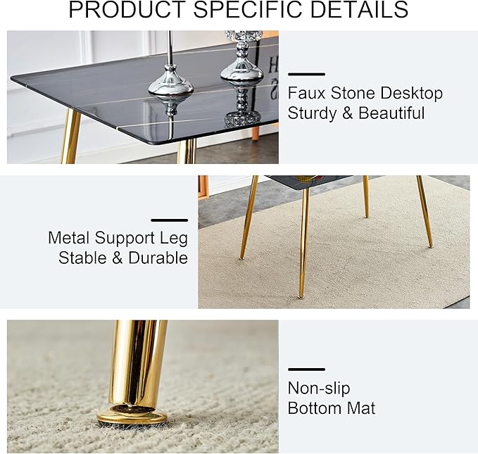 NicBex Modern Minimalist Rectangular Black Imitation Marble Dining Table 0.3 Inches Thick Gold Color Metal Legs Suitable for Kitchen, Dining Room, and Living Room, Black - LeafyLoom
