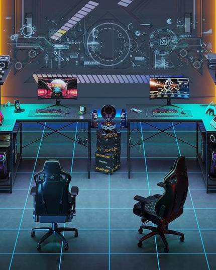 Bestier Gaming Desk with Power Outlets,42 Computer Desk with LED Lights, Reversible Corner Desk with 4-Tier Shelves,Cup Holder & Hook for Home Office,Carbon Fiber Black - LeafyLoom