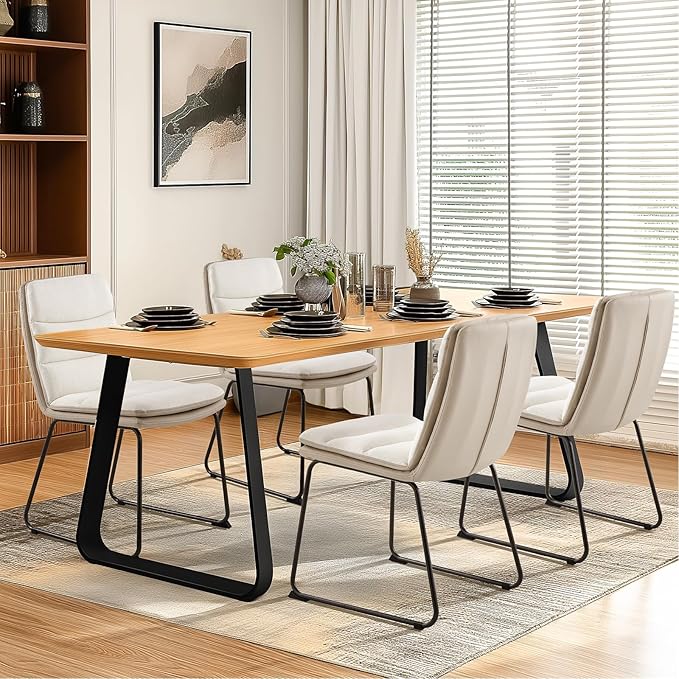 Dining Chairs Set of 2, Upholstered Dining Room Kitchen Chairs with Metal Legs, Modern Fabric PU Leather Side Chairs for Home Office, Cream - LeafyLoom