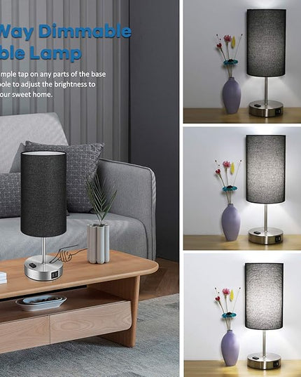 Black Touch Control Table Lamp Set of 2, with 2 USB Charging Ports&AC Outlet, 3-Way Dimmable Bedside Nightstand Lamps with Fabric Lampshade for Reading, Bedroom, Living Room, A19 LED Bulbs Included - LeafyLoom