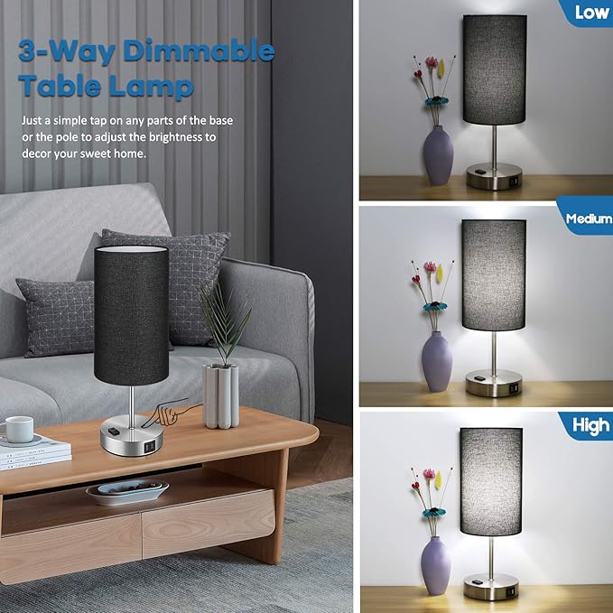 Black Touch Control Table Lamp Set of 2, with 2 USB Charging Ports&AC Outlet, 3-Way Dimmable Bedside Nightstand Lamps with Fabric Lampshade for Reading, Bedroom, Living Room, A19 LED Bulbs Included - LeafyLoom