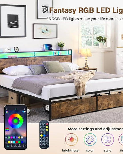 LED Queen Bed Frame with 2 Storage Drawers & Headboard, Platform Metal Bed Frame with Charging Station, Noise-Free, No Box Spring Needed, Vintage Brown - LeafyLoom