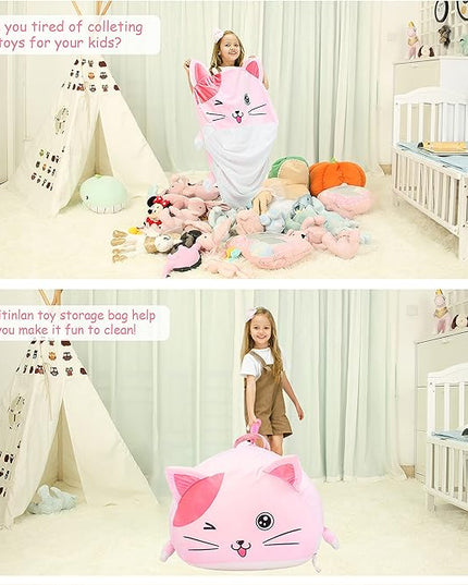 Cute Cat Bean Bag Chair for Kids, Pink Stuffed Animal Storage Beanbag Chairs for Girls Room Decor, Extra Large Size, Velvet Super Soft Cover Only - LeafyLoom
