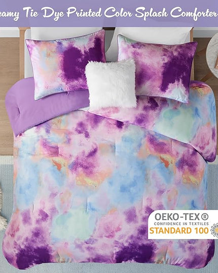 Intelligent Design King Size Comforter Set, Watercolor Comforter Set for Teen Girl & Boys, Tie Dye King Bedding Sets, 4 Pieces Cassiopeia Comforter, Sham, Throw Pillow King/Cal King Lavender - LeafyLoom