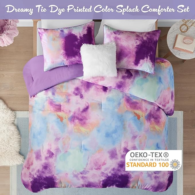 Intelligent Design King Size Comforter Set, Watercolor Comforter Set for Teen Girl & Boys, Tie Dye King Bedding Sets, 4 Pieces Cassiopeia Comforter, Sham, Throw Pillow King/Cal King Lavender - LeafyLoom