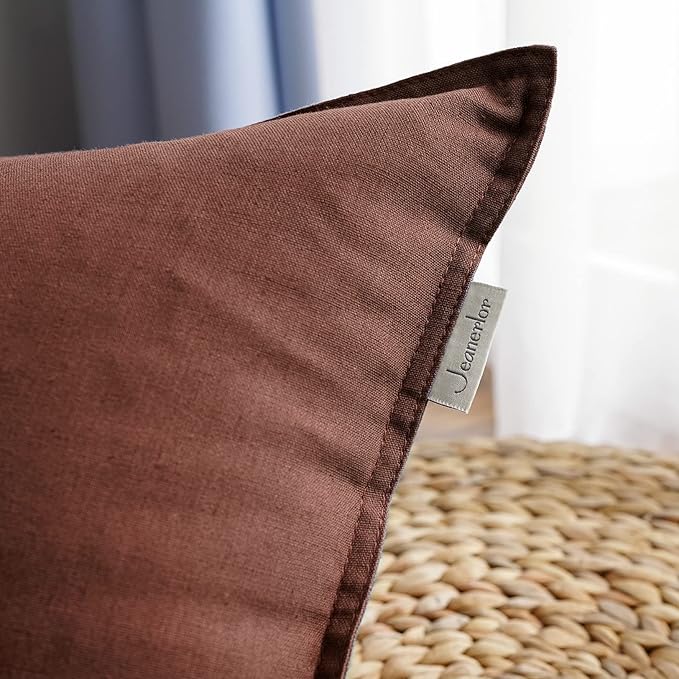 Jeanerlor 18"x18" Solid Cotton Linen Decoration Throw Pillow Case with Zipper Euro Sham Cushion Case Cool Pillow Cover Delicate Decorative Pillowcase for Chair/Bed/Couch,2 Packs, Reddish Brown - LeafyLoom