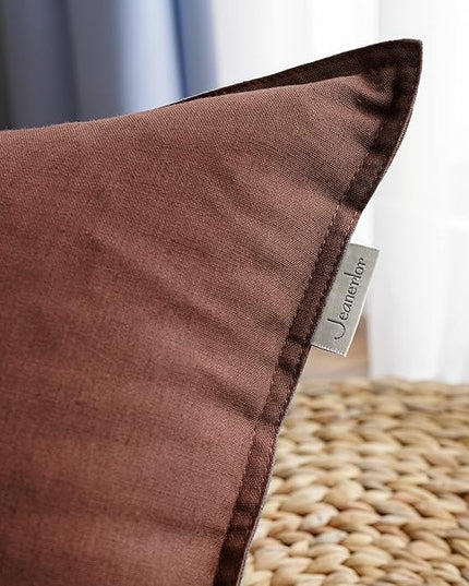 Jeanerlor Natural Cotton Linen Green Decorative 12"x20" Throw Pillow Case Cushion Cover with Twin Needles Stitch on Edge for Lumbar, (30 x 50cm), 2 Pcs, Reddish Brown - LeafyLoom