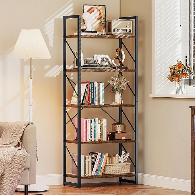 DWVO Industrial Bookshelves and Bookcases, Storage Shelves Organizer Standing Shelf, Display Rack Book Shelves for Bedroom,Living Room,Office,Kitchen, Rustic Brown - LeafyLoom