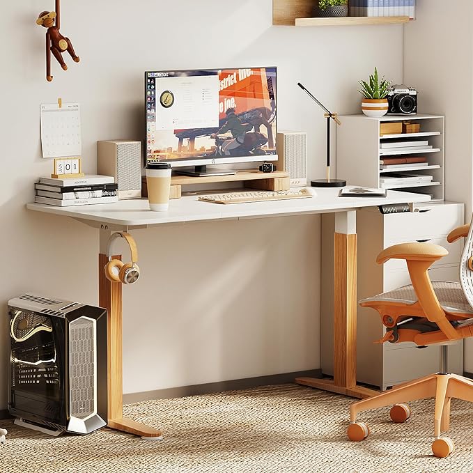 Monomi Electric Standing Desk, 55 x 28 inches Height Adjustable Desk, Ergonomic Home Office Sit Stand Up Desk with Memory Preset Controller (White Top/Wood Grain Frame) - LeafyLoom
