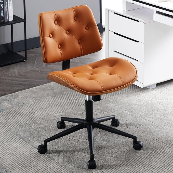 Armless Home Office Chair Modern Walnut Chair with Wheels Mid Back Swivel Computer Chair No arm Adjustable Height Leather Desk Chair for Reading,Meeting Room (Orange) - LeafyLoom
