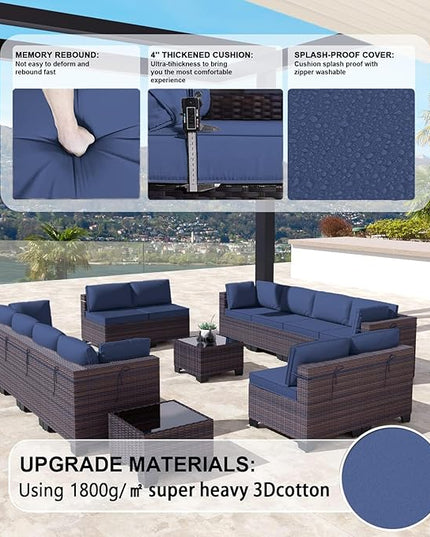 Kullavik 14PCS Outdoor Patio Furniture Set PE Wicker Rattan Sectional Sofa Patio Conversation Sets,Navy blue - LeafyLoom