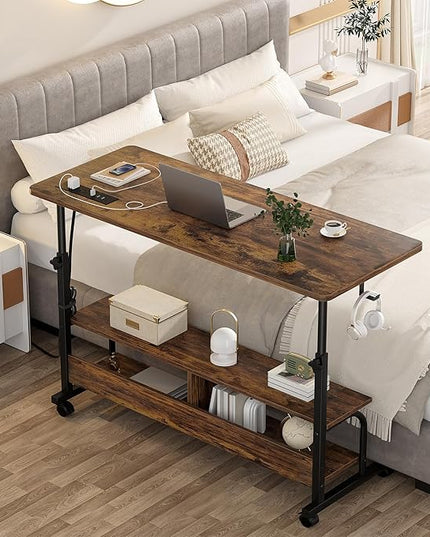 Height Adjustable Standing Desk with Power Outlets, 47" Manual Stand Up Desk with Storage Shelves Small Mobile Rolling Computer Desk Portable Laptop Table with Wheels for Home Office, Rustic - LeafyLoom