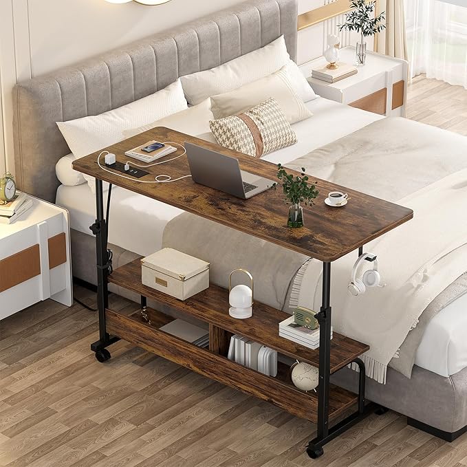 Height Adjustable Standing Desk with Power Outlets, 47" Manual Stand Up Desk with Storage Shelves Small Mobile Rolling Computer Desk Portable Laptop Table with Wheels for Home Office, Rustic - LeafyLoom