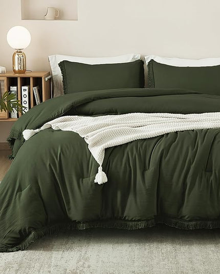 Litanika Full Size Comforter Set Olive Green, 3 Pieces Dark Green Boho Tassel Bed Comforter Full, All Season Oversized Bedding Comforter Sets (1 Comforter 79x90 inch, 2 Pillowcases) - LeafyLoom