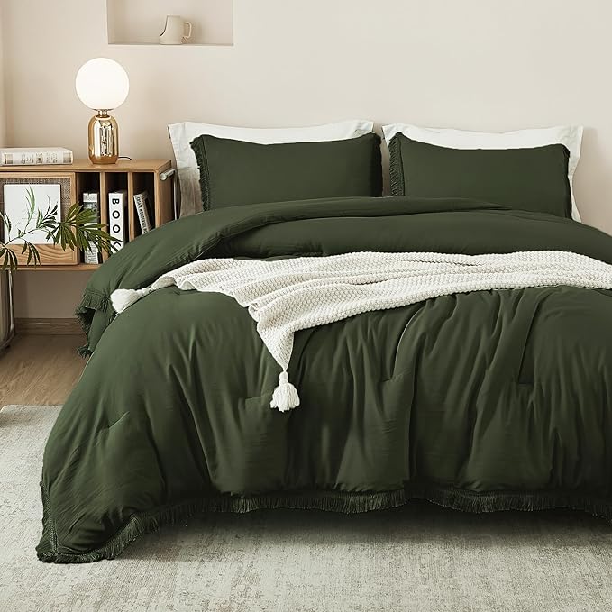 Litanika Queen Size Comforter Set Olive Green, 3 Pieces Dark Green Boho Tassel Bed Comforter, All Season Oversized Bedding Comforter Sets (1 Comforter 90x90 inch, 2 Pillowcases) - LeafyLoom
