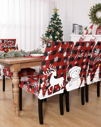 U'Artlines Christmas Chair Covers Set of 6, Removable Washable Merry Christmas Dining Chair Seat Covers Stretch Protector Slipcovers for Dining Room Kitchen Holiday Party Decor, Red Buffalo Plaid UArtlines