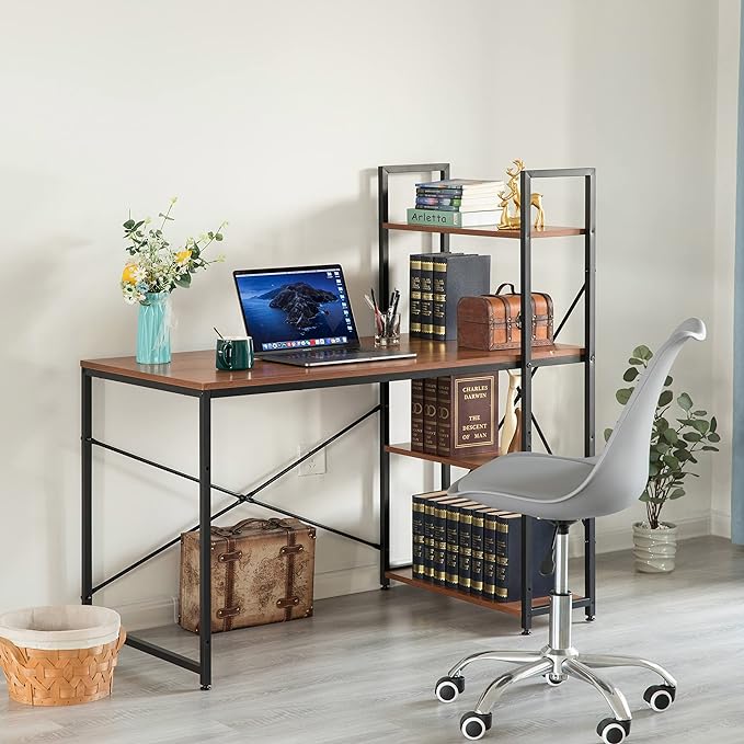 Wood and Metal Industrial Home Office Computer Desk with Bookshelves, Natural - LeafyLoom