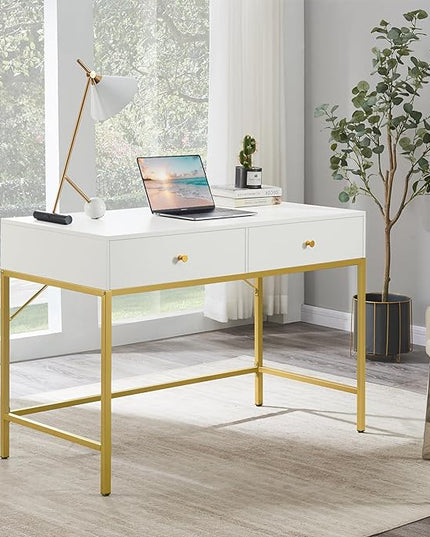 SUPERJARE Vanity Desk with Drawers, 47 inch Computer Desk, Modern Simple Home Office Desks, Makeup Dressing Table for Bedroom - White and Gold - LeafyLoom