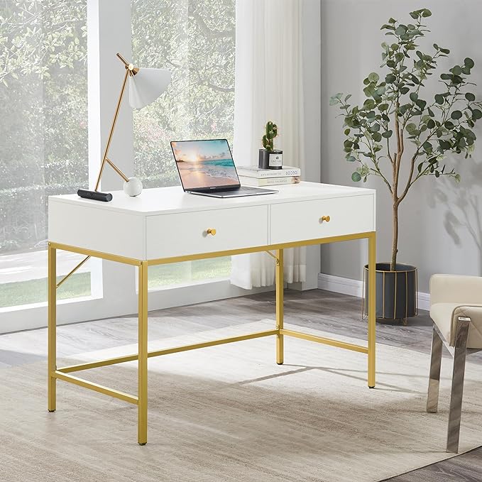 SUPERJARE Vanity Desk with Drawers, 47 inch Computer Desk, Modern Simple Home Office Desks, Makeup Dressing Table for Bedroom - White and Gold - LeafyLoom