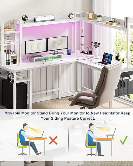 Aheaplus L Shaped Desk with Power Outlet, L Shaped Gaming Desk with Led Light & Hutch, Reversible Home Office Desk, Corner Computer Desk Writing Desk with Monitor Stand & Storage Shelves, White - LeafyLoom