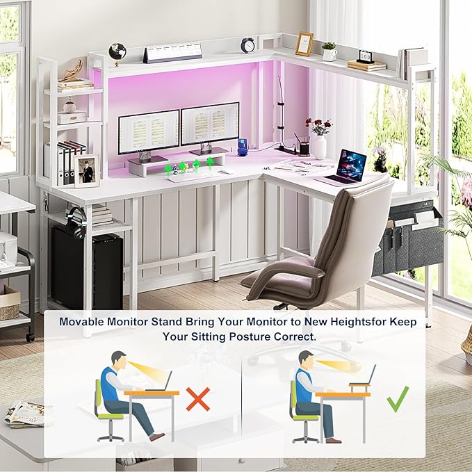 Aheaplus L Shaped Desk with Power Outlet, L Shaped Gaming Desk with Led Light & Hutch, Reversible Home Office Desk, Corner Computer Desk Writing Desk with Monitor Stand & Storage Shelves, White - LeafyLoom