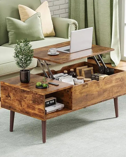 OLIXIS Modern Lift Top Coffee Table Wooden Furniture with Storage Shelf and Hidden Compartment for Living Room Office, Rust Brown - LeafyLoom