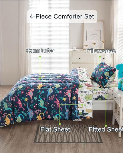 Dinosaur Twin Comforter Set for Boys Girls 4-Piece Dino Kids Bedding Sets Ultra Soft Cartoon Bedroom Set - Include Reversible Comforter, Flat Sheet, Fitted Sheet and Pillowcase, Blue - LeafyLoom