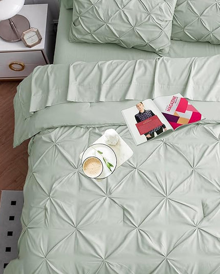 LANE LINEN Twin Comforter Set, 5 Piece Twin Bedding Sets, Ultra Soft Pintuck Twin Bed in a Bag Set with Down Alternative Comforter, Sheets, Pillowcase & Sham, Pinch Pleated Kids Bedding Set - Mineral - LeafyLoom