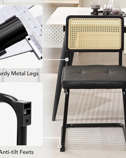 Rattan Dining Chairs Set of 2, Mid Century Modern PU Leather Dining Room Kitchen Chairs with Cane Back, Metal Chrome Legs, Upholstered Wicker Armless Accent Chairs, Black - LeafyLoom