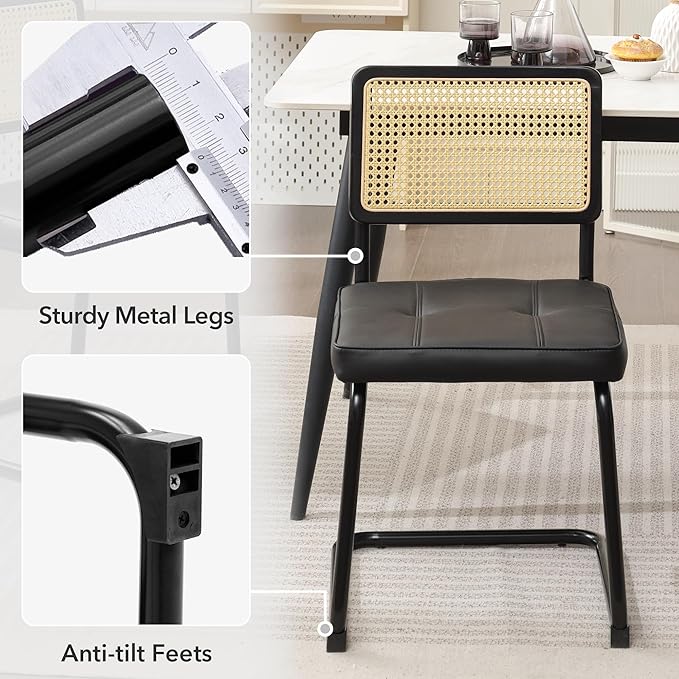 Rattan Dining Chairs Set of 2, Mid Century Modern PU Leather Dining Room Kitchen Chairs with Cane Back, Metal Chrome Legs, Upholstered Wicker Armless Accent Chairs, Black - LeafyLoom