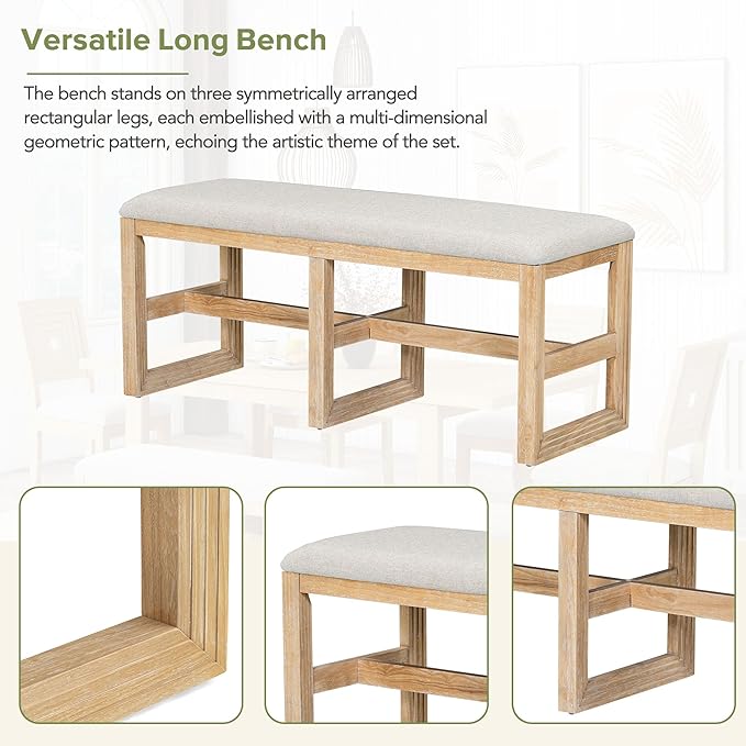 6-Piece Farmhouse Wood Extendable Dining Table Set with 18" Butterfly Leaf, 4 Upholstered Chairs and Versatile Long Bench, for Kitchen Room Furniture, Natural, 60"-78" L x 36" W x 30" H - LeafyLoom